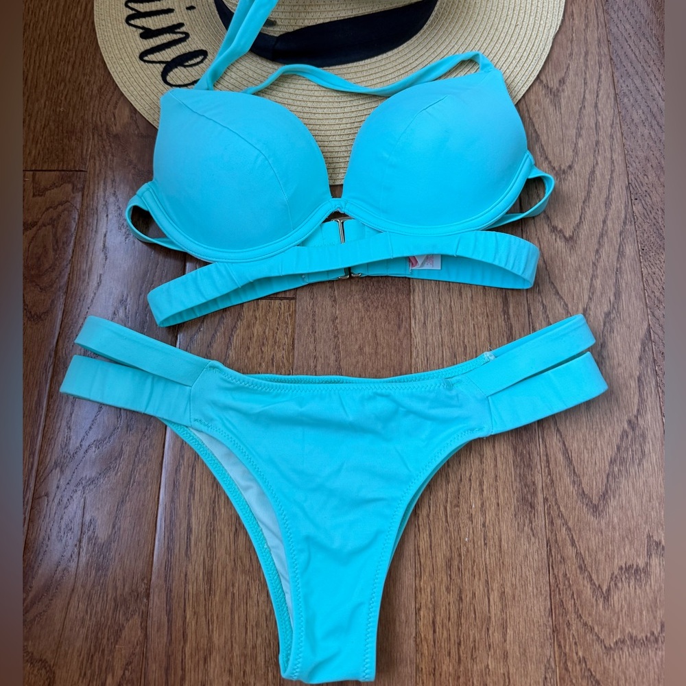 Rare Victoria's Secret Aqua Hottie Push Up Bikini Top and Matching Itsy Bottoms - Picture 4 of 10